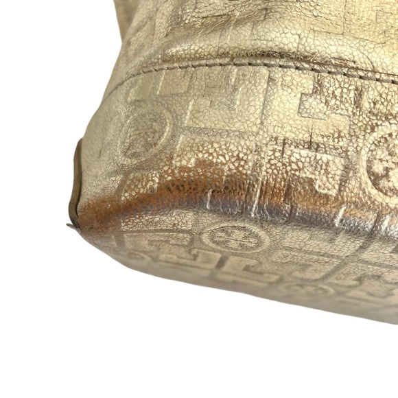 Tory Burch Golden Metallic Travel Tote Bag leather embossed logo lined - Picture 6 of 16